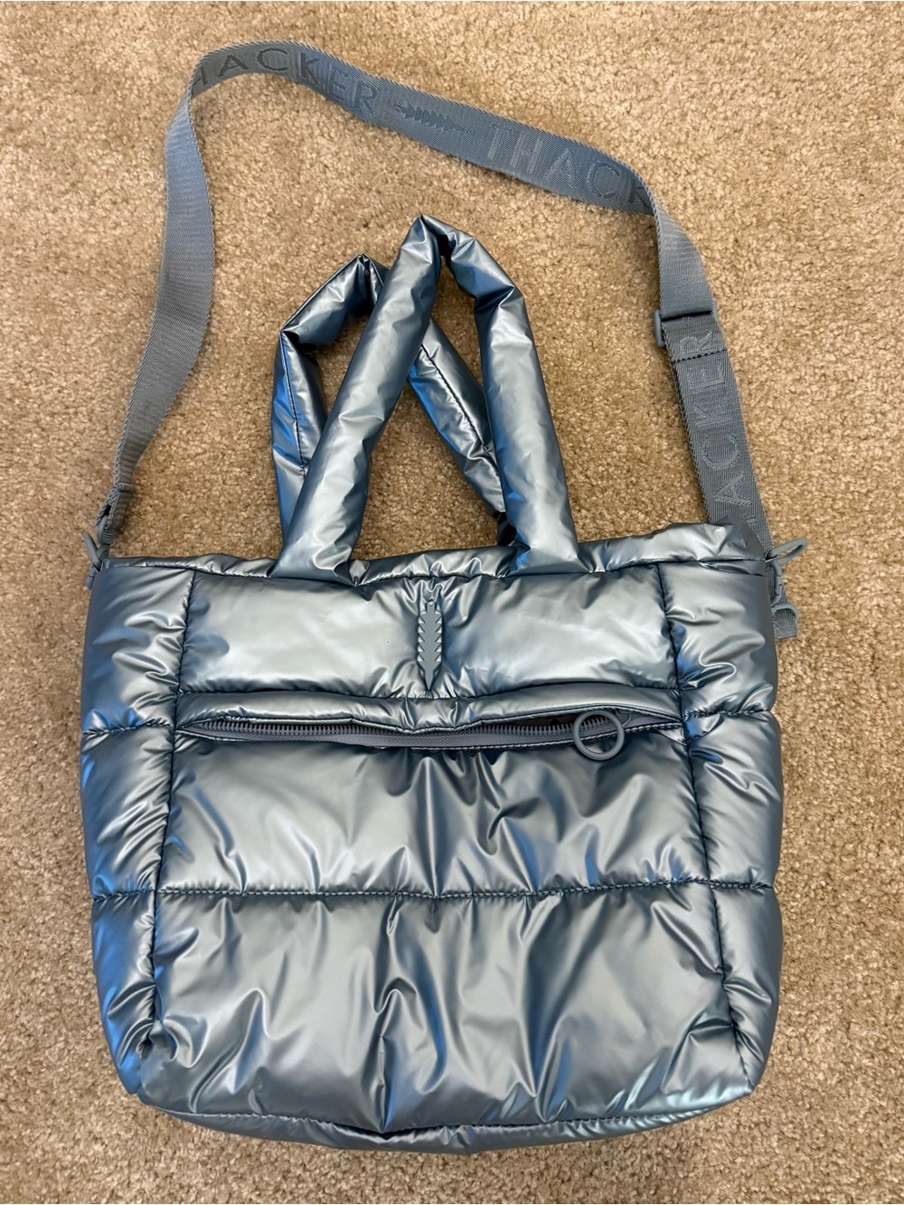 Thacker Quinn medium tote bag metallic blue quilted puffer